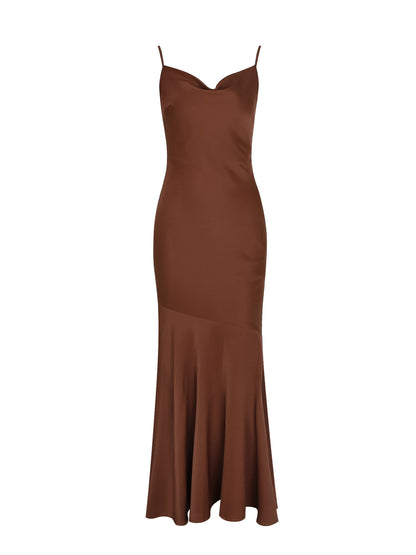 brown suspender backless mermaid evening dress