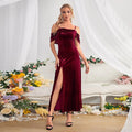 Slit Velvet Off-Shoulder Spaghetti Strap Dress