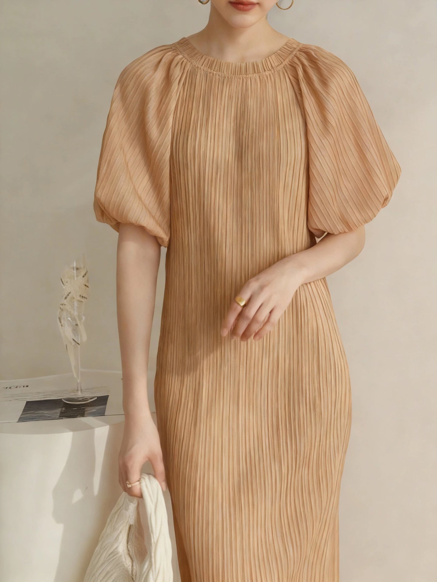Pleated pastoral style bubble short-sleeved midi dress