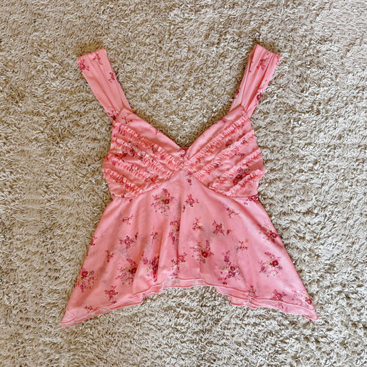 lace pink floral mesh V-neck irregular camisole top