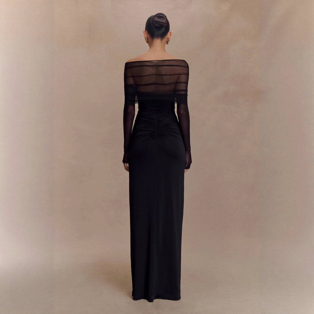 black openwork spliced mesh long sleeve dress