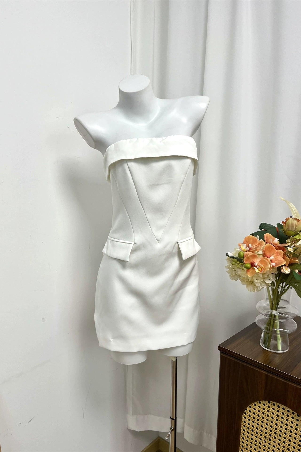 white bandeau pocket mini dress