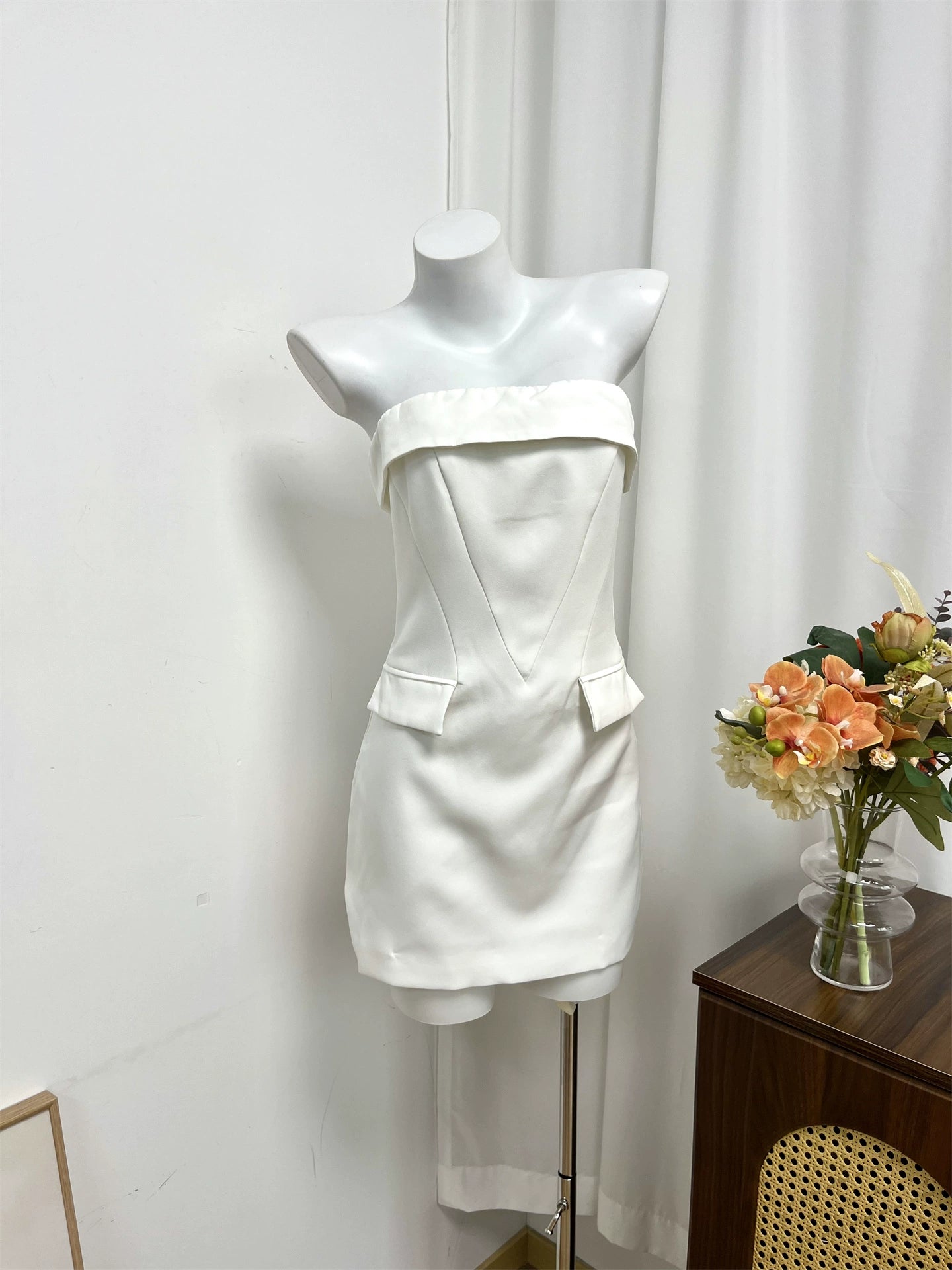 white bandeau pocket mini dress