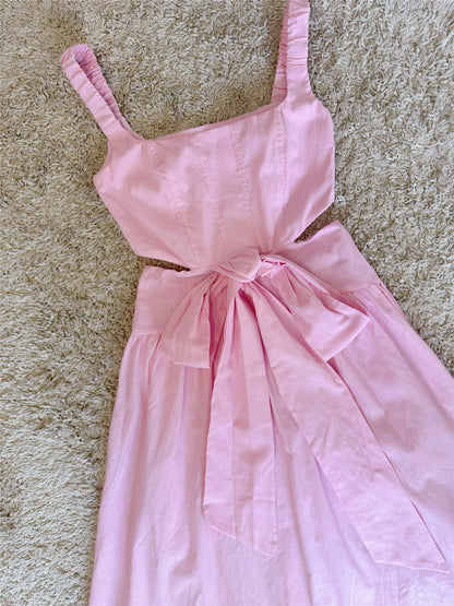 pink bow waist-revealing square neck cotton-linen dress