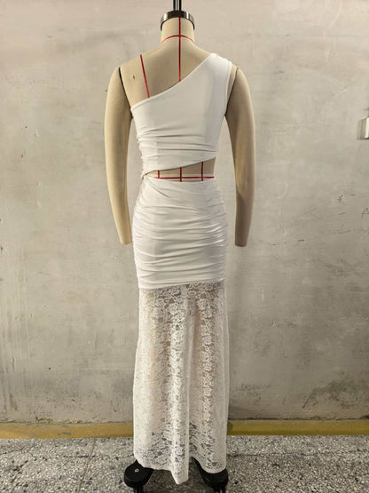 white slanted shoulder cutout sleeveless two piece set