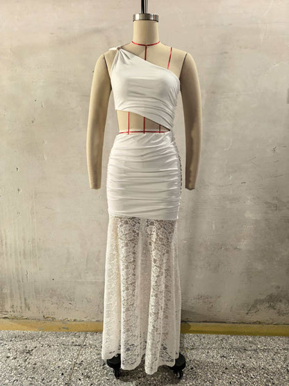 white slanted shoulder cutout sleeveless two piece set