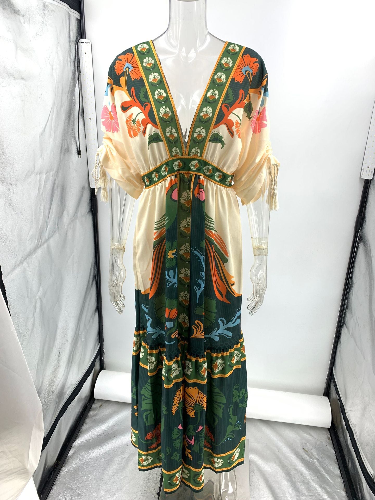 V-neck printed linen maxi dress