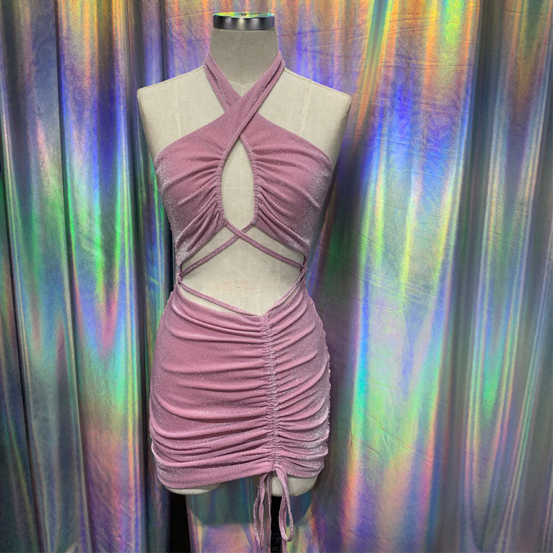 pink halterneck open back pleated strappy dress