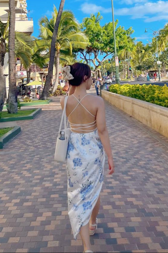 Vintage Floral Stretch Rope Lace-up Backless Skirt Dress