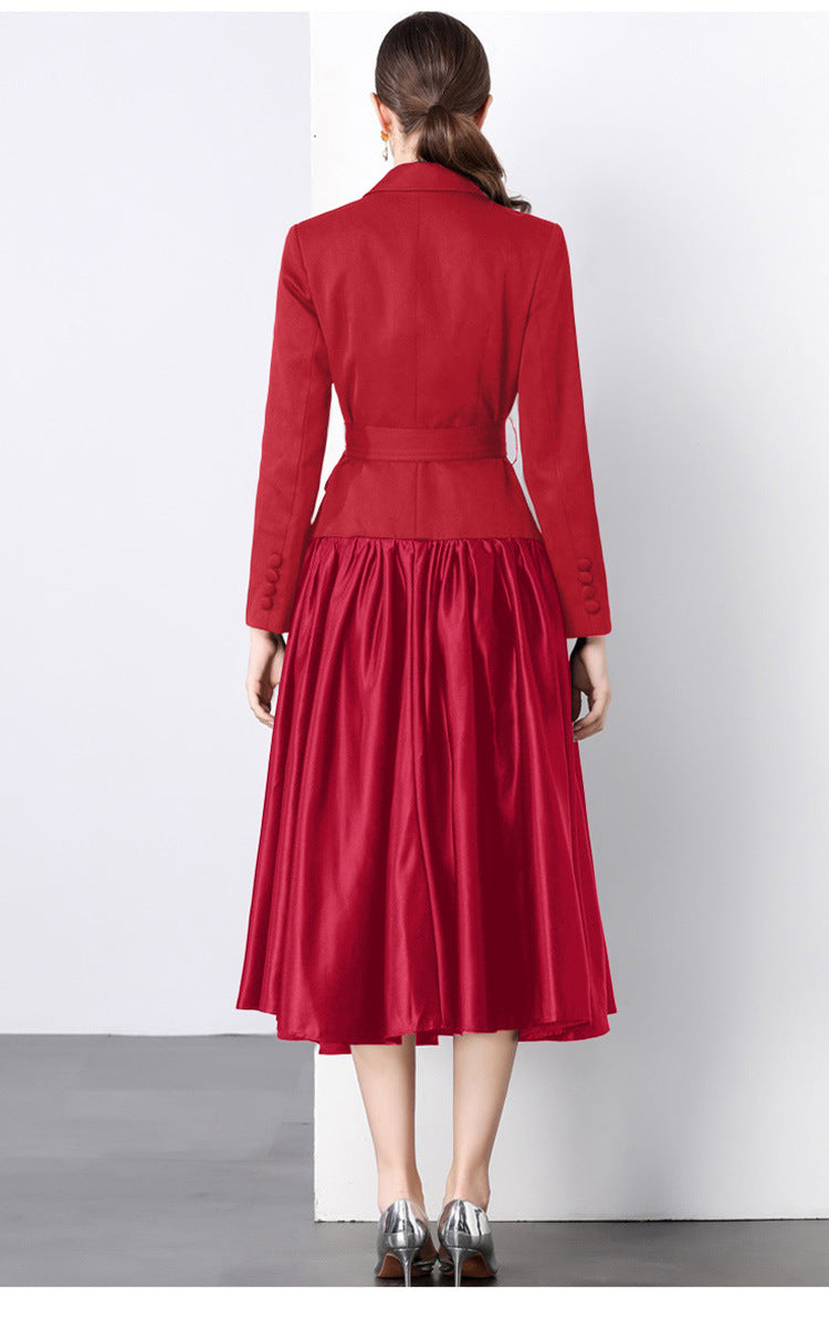 Suit collar belted long skirt