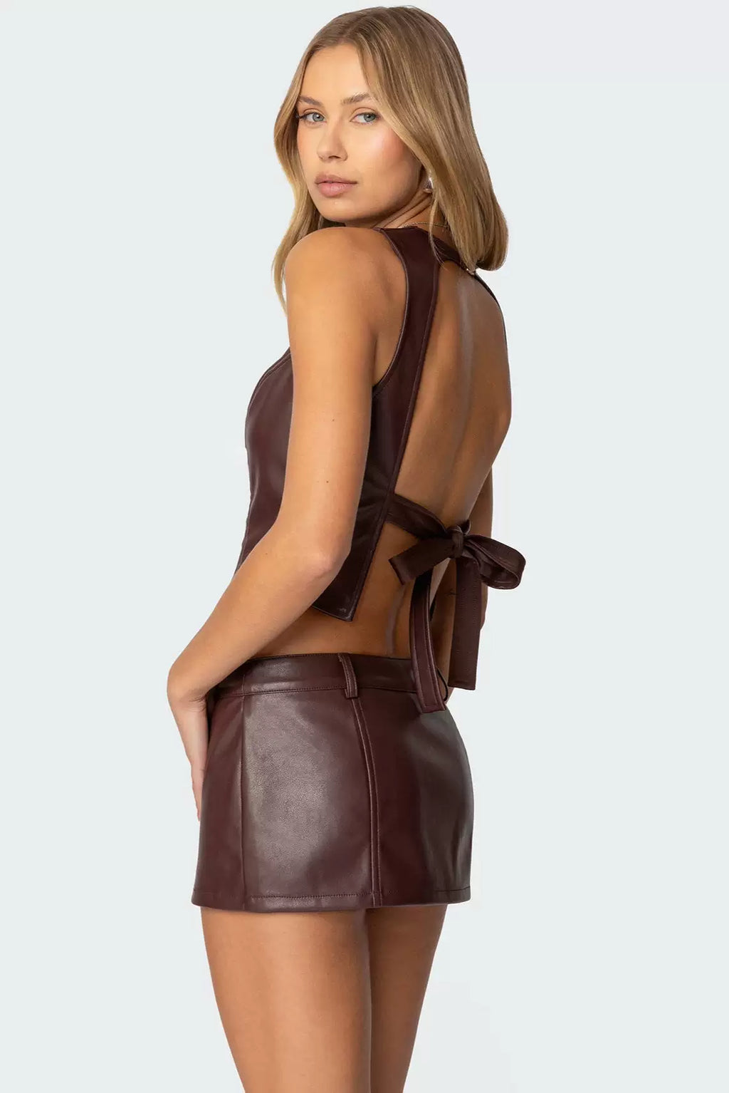 brown backless bow strap sleeveless top