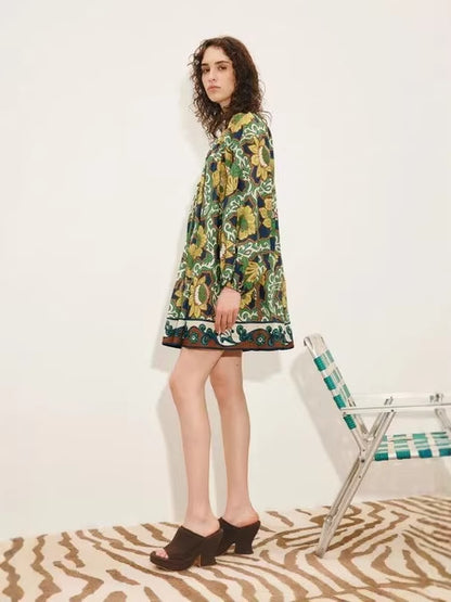 Bohemian V-neck floral print vacation mini dress  - green
