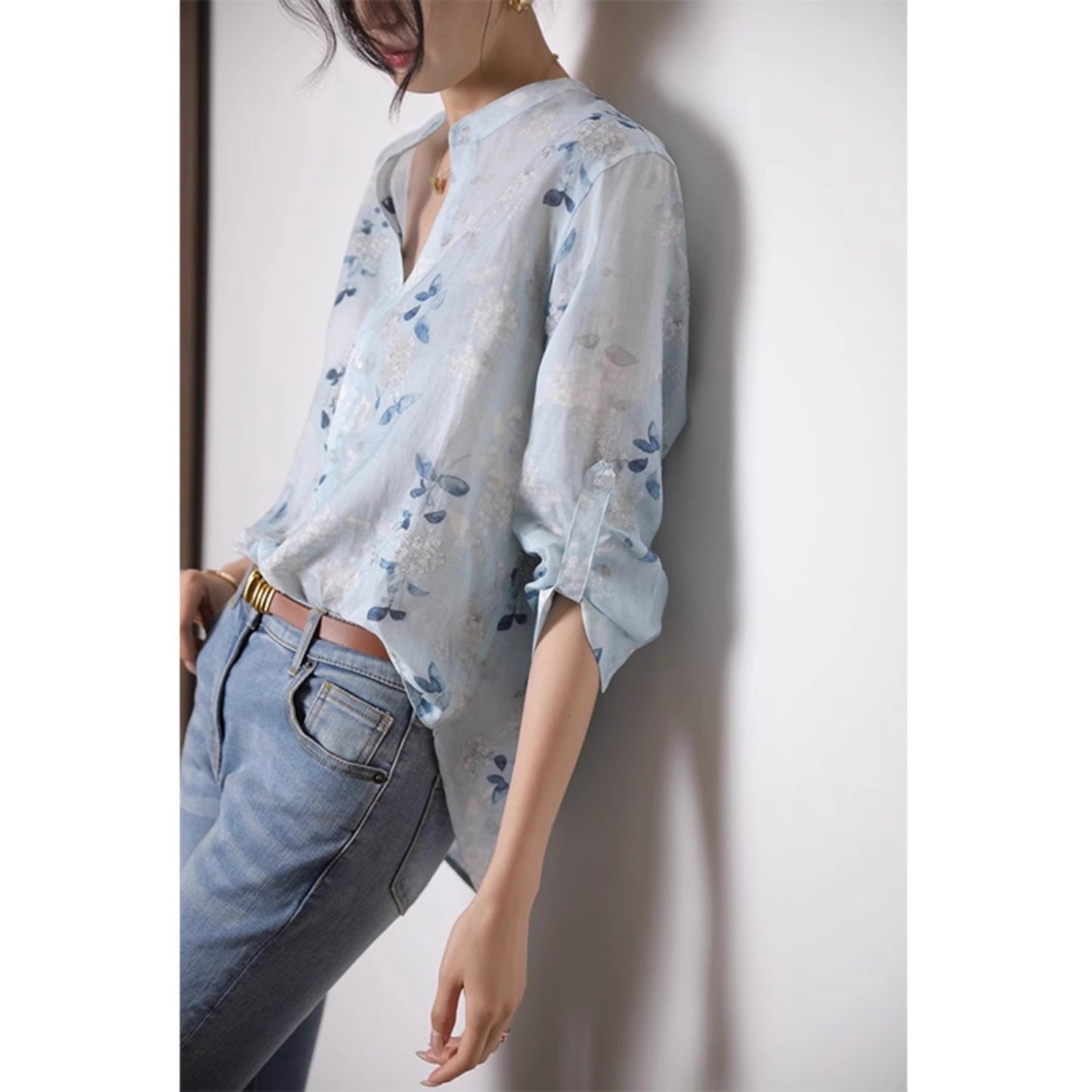 blue Three-quarter sleeve printed cotton shirt