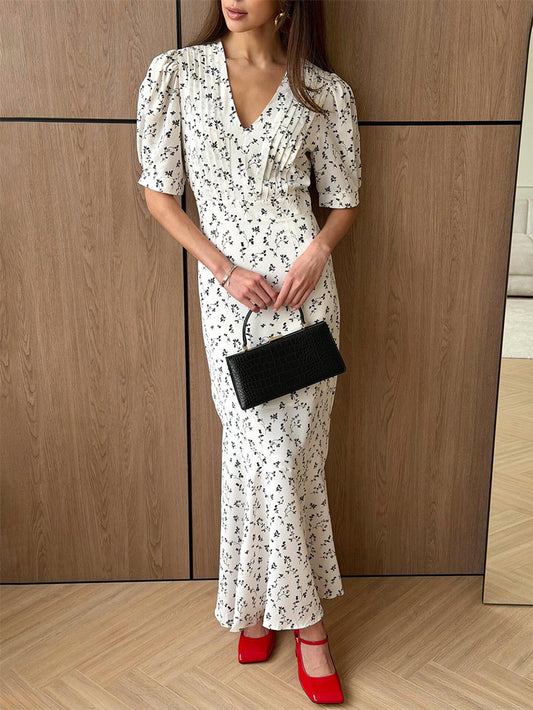 white floral print V-neck maxi dress