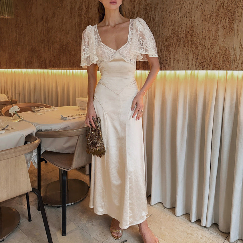 French apricot lace long skirt dress