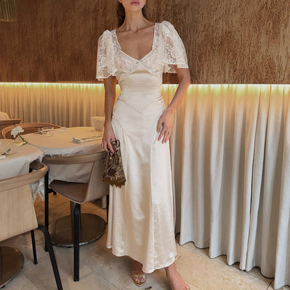 French apricot lace long skirt dress