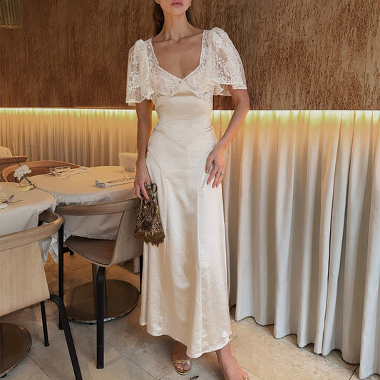 French apricot lace long skirt dress