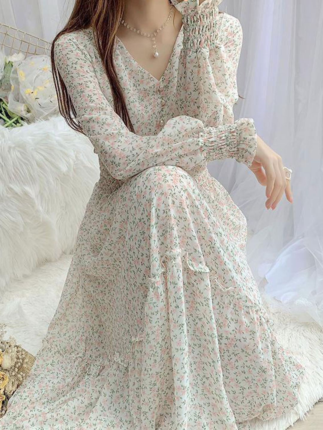 janet Classic Floral Ruffle Chiffon Dress-Yellow