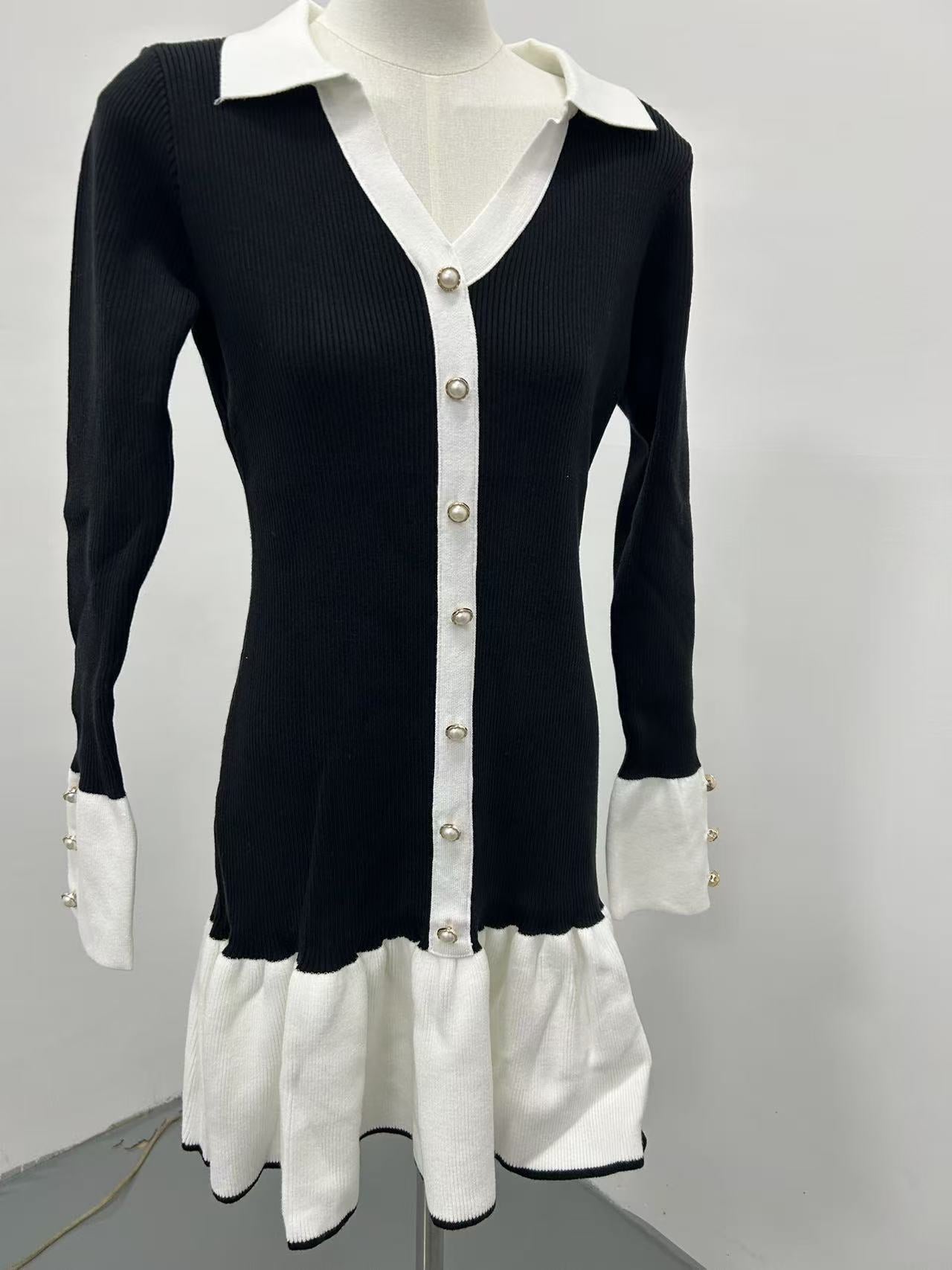 Black and white long-sleeved knitted ruffled mini dress