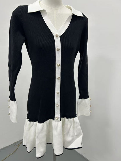 Black and white long-sleeved knitted ruffled mini dress
