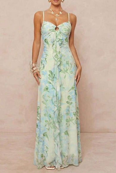 green mesh print open back waist dress