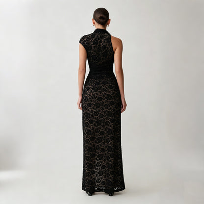 black lace slit cut-out waist dress