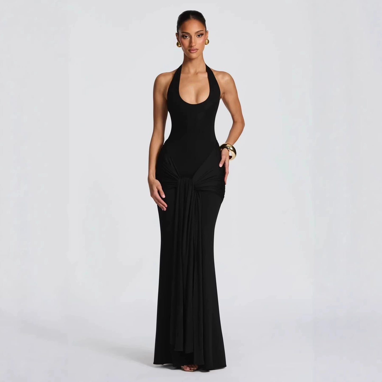 black streamer splicing suspender halterneck dress