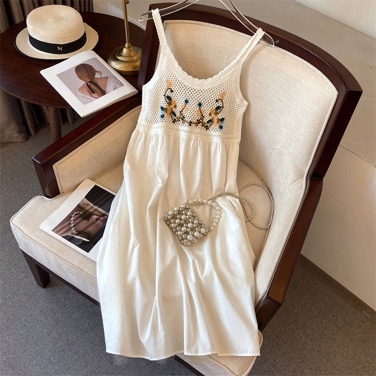 Hollow-out embroidered camisole midi dress
