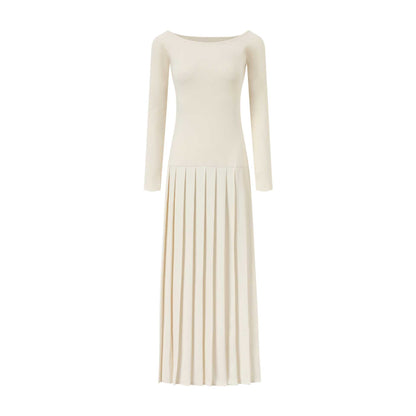 white Off-Shoulder Long-Sleeve Slit Pleated Dress