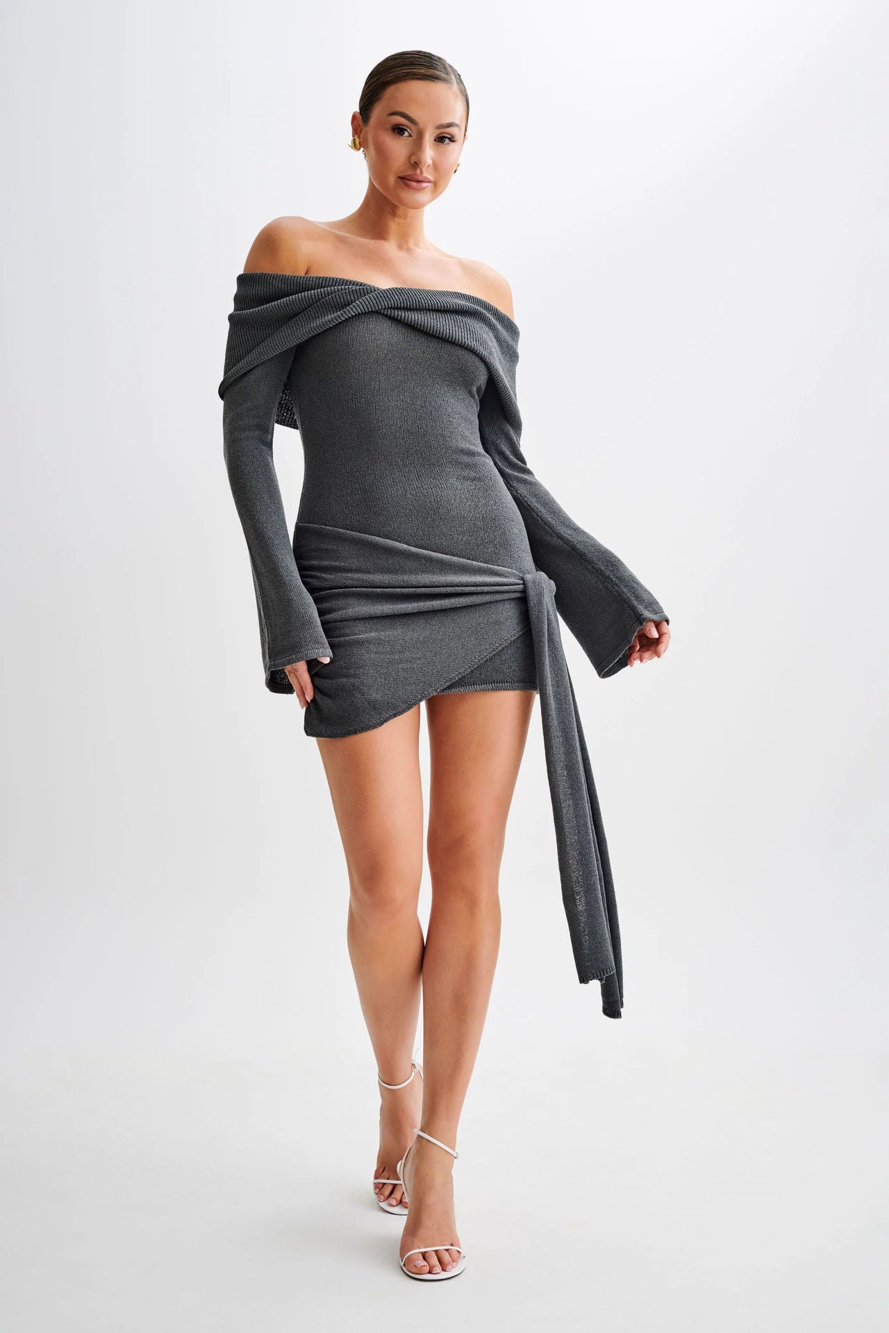 grey Off-the-shoulder long-sleeved knitted mini dress