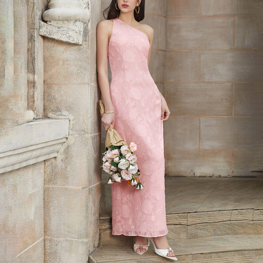 pink Jacquard Backless Tie Crossbody One-Shoulder  Dress