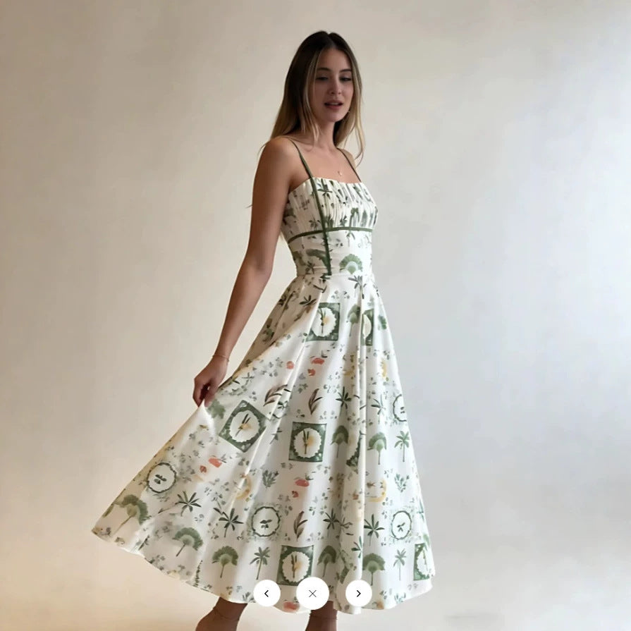 printed camisole waist-cinched midi dress