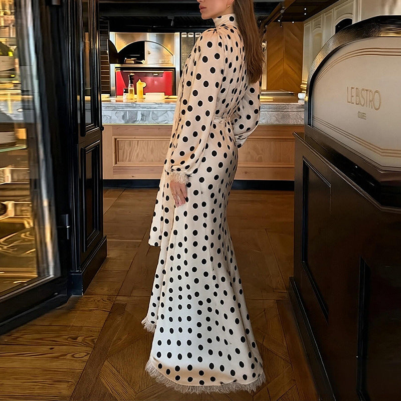 polka dot V-neck puff sleeve waist long skirt set
