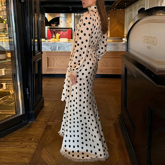 polka dot V-neck puff sleeve waist long skirt set