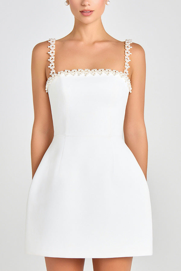 White Beaded Mini Dress - Embellished Suspender Party Dress
