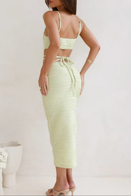 green Wavy-Patterned Strappy Maxi Dress with Waist Cutouts