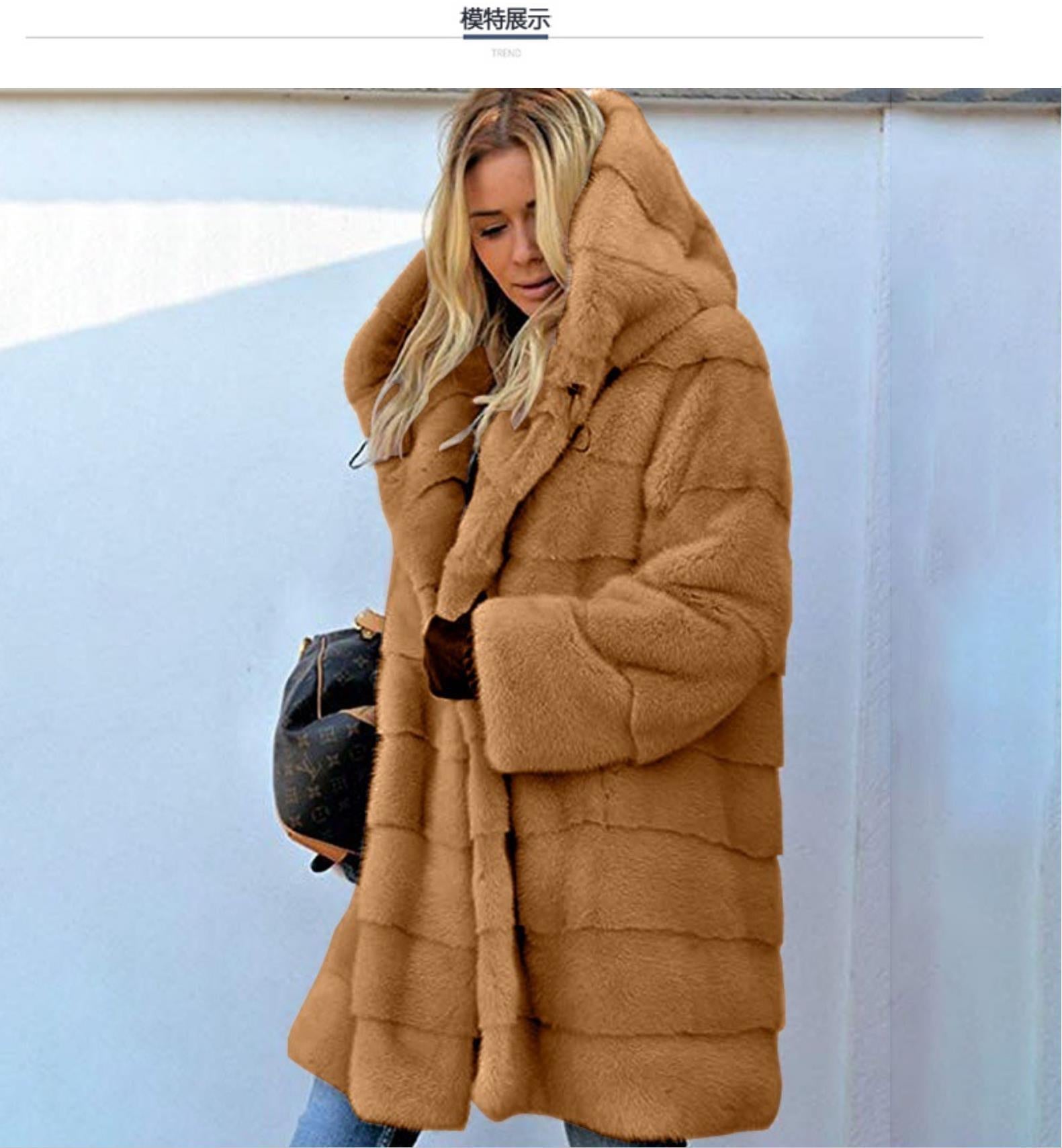 Solid Color Long Sleeve Faux Fur Hooded Warm Fur Jacket