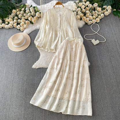 Summer Embroidered Floral Round Neck Pleated Long Sleeve Shirt Two-Piece Set