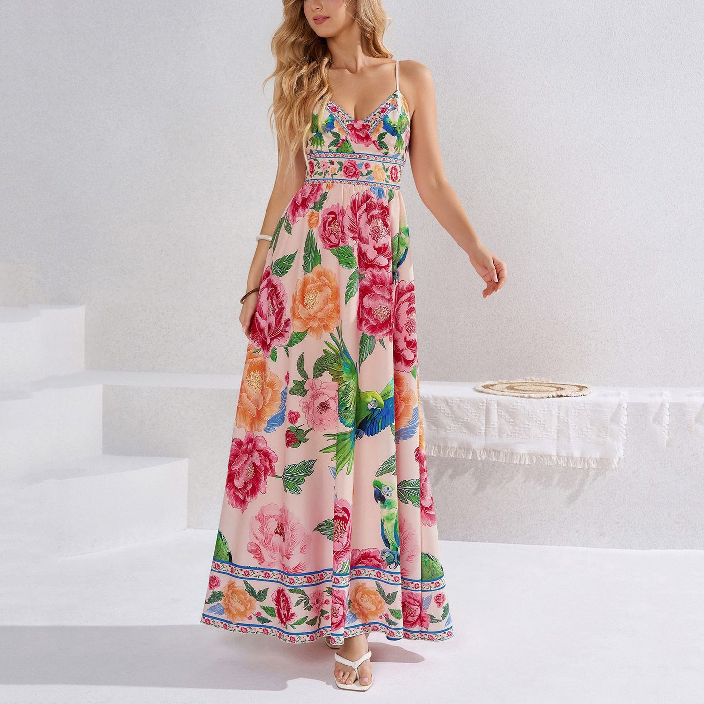 printed slip backless tie-up dress