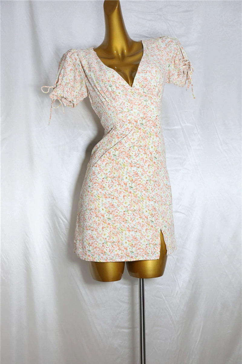 pink floral V-neck mini dress