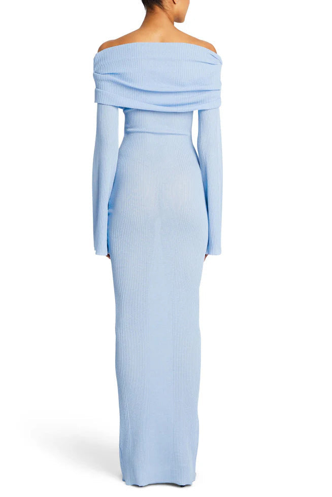 blue Long-sleeved off-the-shoulder pleated knit dress