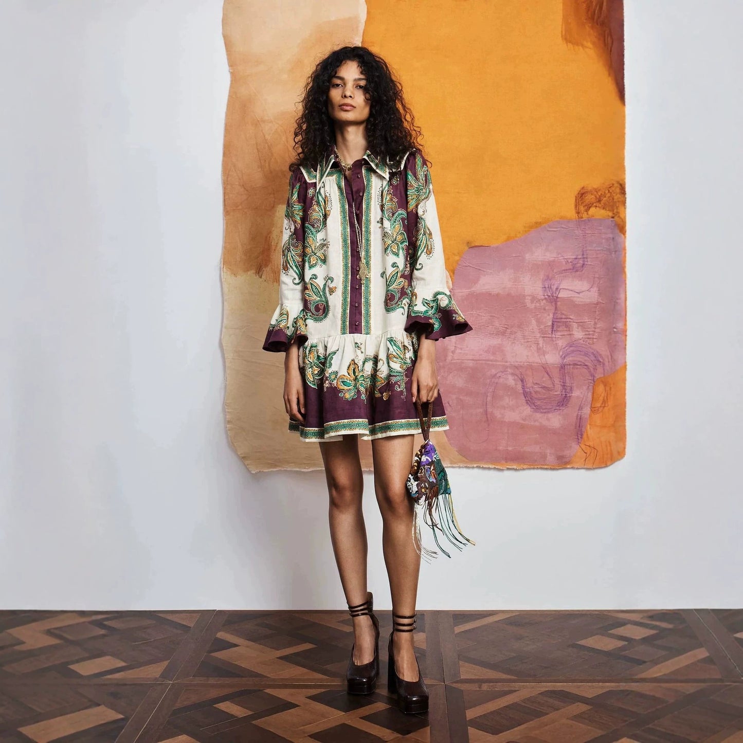 floral print Linen shirt collar mini dress