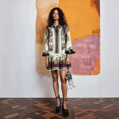 floral print Linen shirt collar mini dress