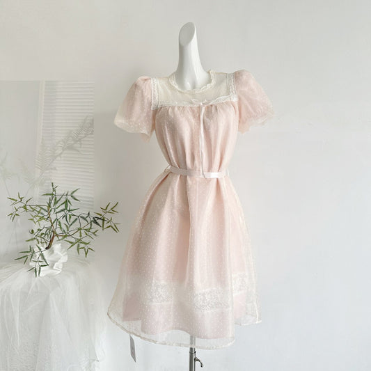 Polka dot tulle puff sleeve mini dress - pink