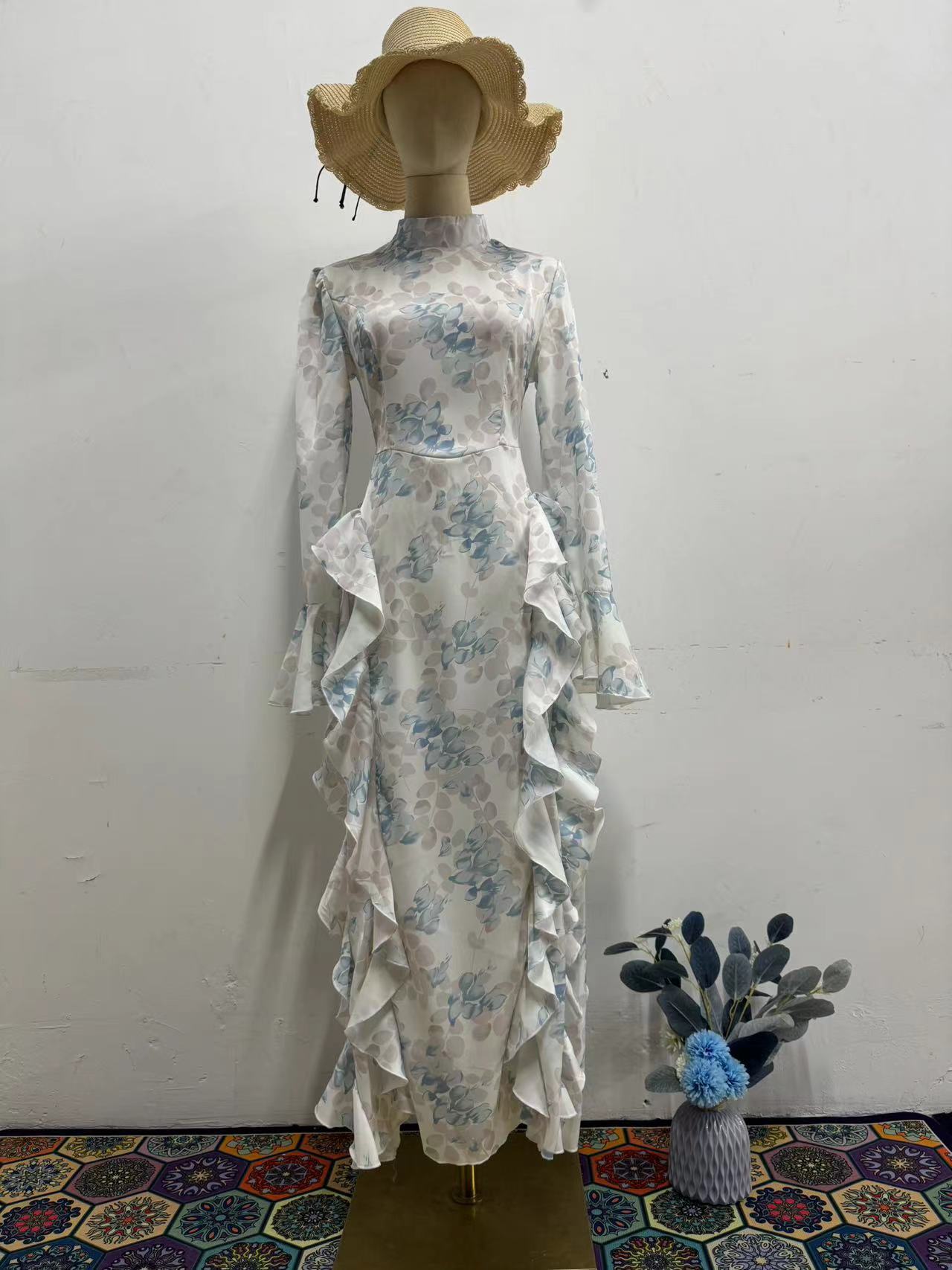 blue print satin long sleeve maxi dress