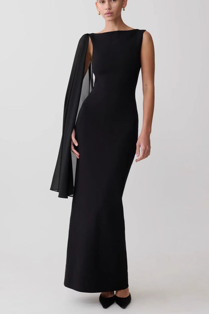 black one-shoulder streamer hip-hugging dress
