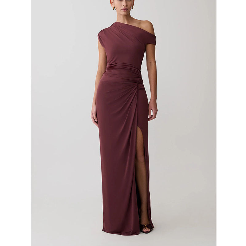 Pleated High Slit Slanted Shoulder Dress