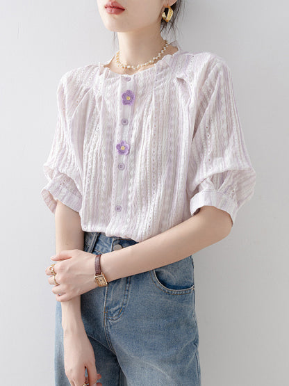 Loose-fitting round neck short-sleeved openwork shirt
