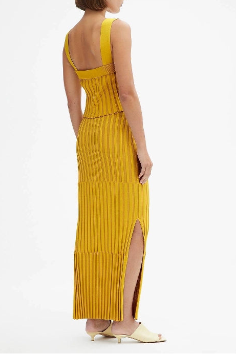 yellow Square Neck Vest Skirt Suit