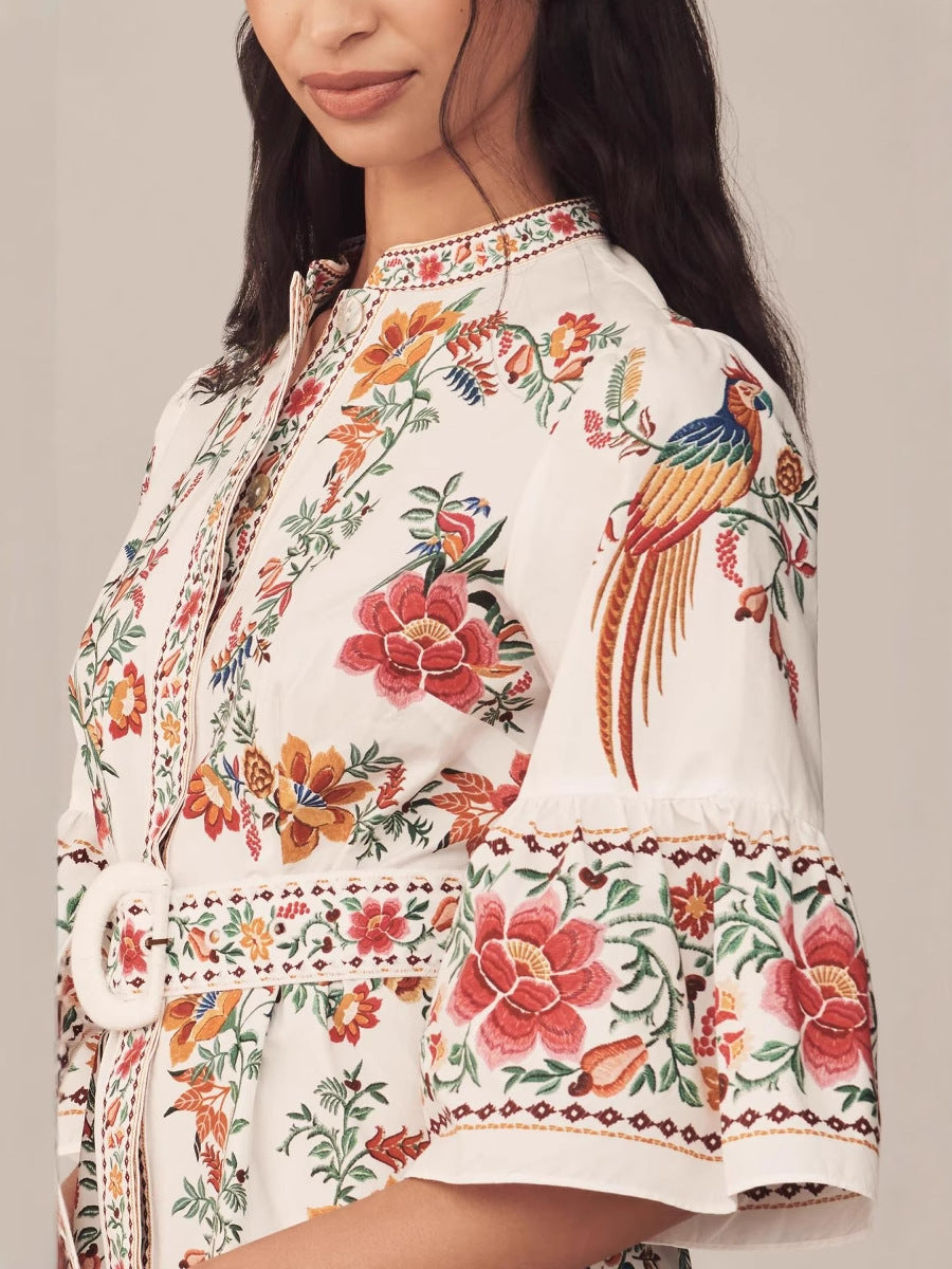 V-neck linen printed lantern sleeve ruffled mini dress